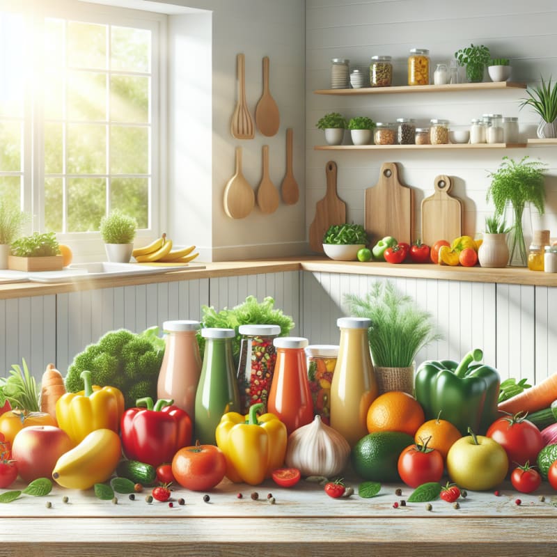 Bright kitchen scene with colorful fruits vegetables herbs and clean packaged foods on a wooden counter symbolizing natural color alternatives and healthy reformulation
