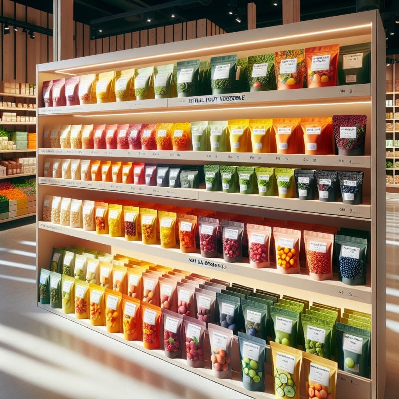 Bright modern grocery shelf with colorful packages made using natural fruit and vegetable dyes surrounded by clean label tags and soft daylight atmosphere