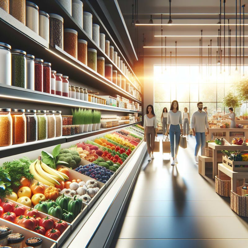 Bright modern grocery aisle filled with colorful natural ingredients fruits vegetables spices and pantry items glowing softly with warm daylight symbolizing freshness and safety