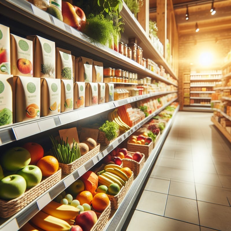 Bright clean supermarket shelf with naturally colored packaged foods and fresh fruits arranged neatly under warm daylight symbolizing health and sustainability no people