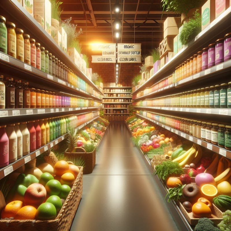 Bright grocery aisle with colorful natural food packaging fruits vegetables and plant extract jars glowing under warm light symbolizing clean label transition