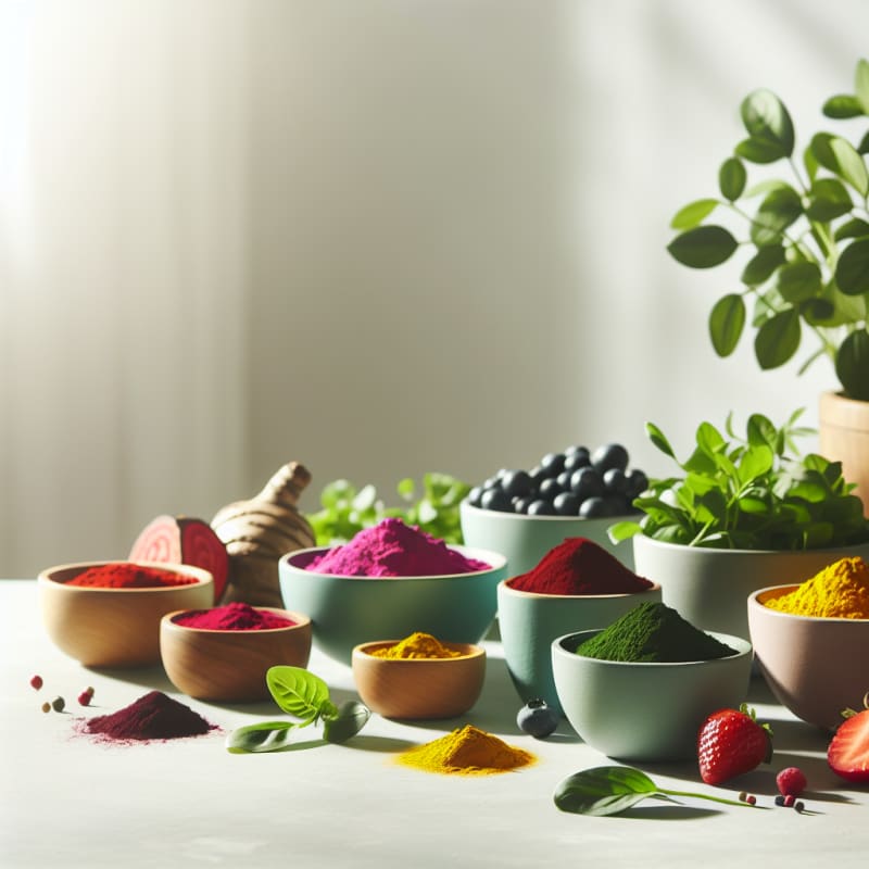 Bright kitchen counter filled with colorful bowls of natural food colorants from plants spices and fruits soft natural light minimalistic background emphasizing freshness and sustainability