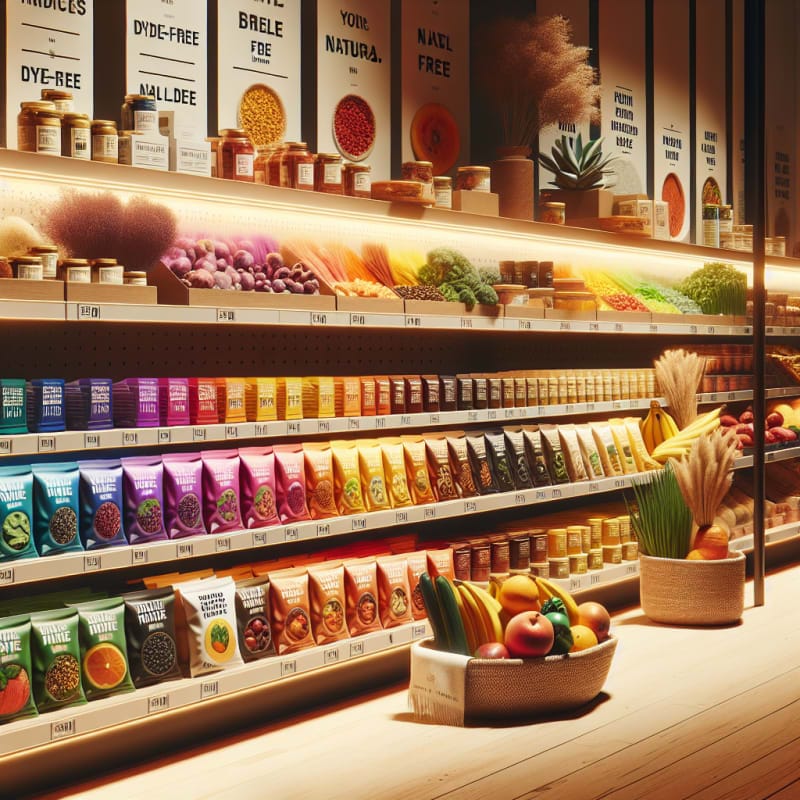 Bright modern grocery shelf filled with colorful natural foods and snacks labeled dye free featuring fruits vegetables and spices that create natural color tones in warm lighting