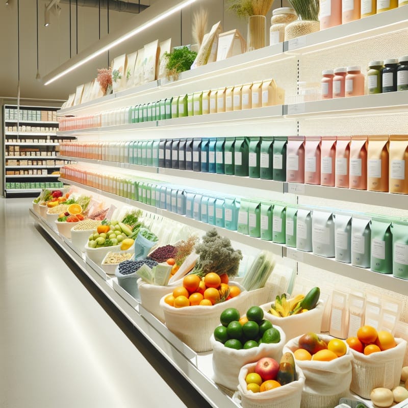 Bright modern grocery aisle filled with colorful naturally dyed food products clean minimalist packaging soft natural lighting focus on fruits vegetables and plant extracts no people visible