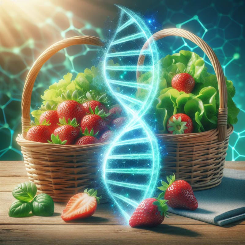 Bright natural light over baskets of fresh strawberries and salad greens with visible DNA helix design in background representing innovation in food safety