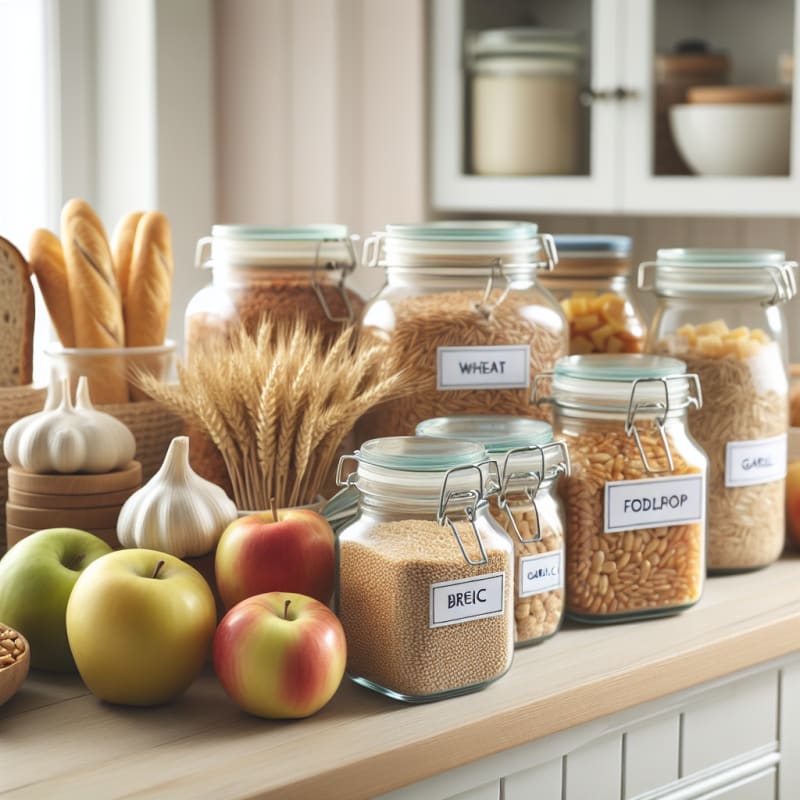 Bright kitchen scene with labeled jars of wheat grains and FODMAP foods like garlic apples and bread on wooden counter soft natural light pastel colors clean modern style