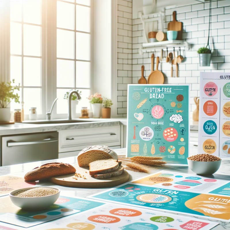 Bright kitchen counter with gluten free bread and wheat grains beside colorful charts comparing FODMAPs gluten and celiac disease softly lit with natural daylight