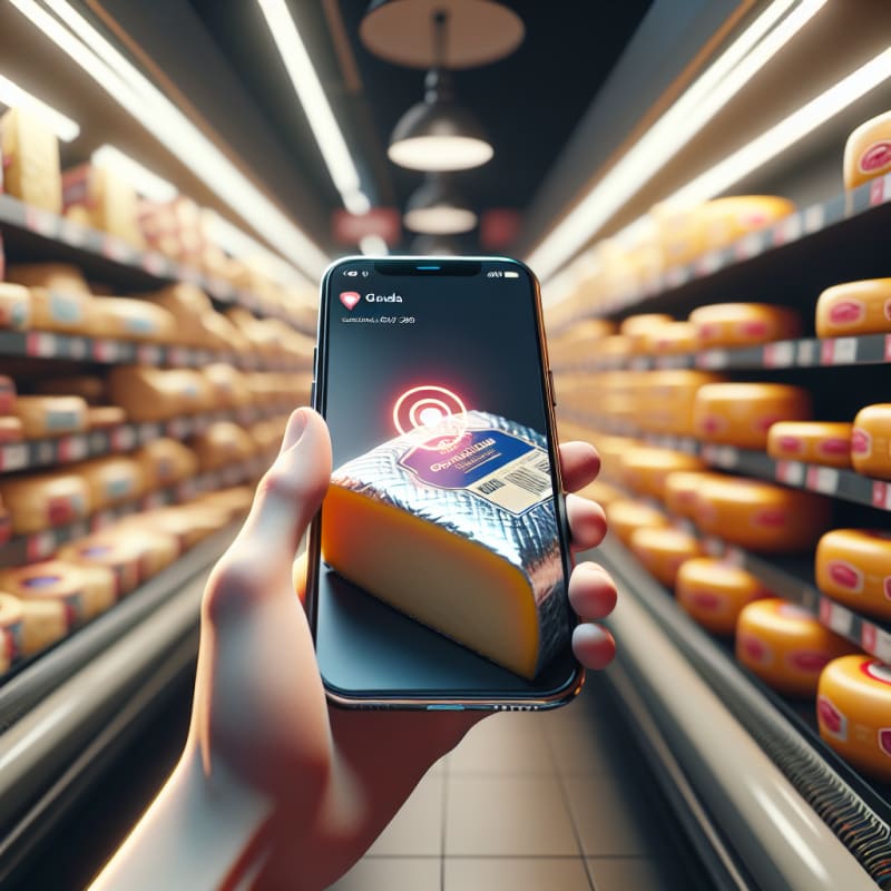 First-Person POV of a Dutch supermarket cheese aisle. A hand is scanning a package of Gouda cheese with a smartphone. Phone screen displays a glowing red notification warning about rennet. Background is shelves of assorted cheeses with store fluorescent bokeh lighting, subtle imperfections, crinkled wrapper, 8k, photorealistic.