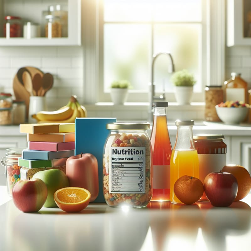 Bright modern kitchen countertop with colorful packaged foods fruits and sauces labeled with sugar content clean light background focus on transparent jars and nutrition labels