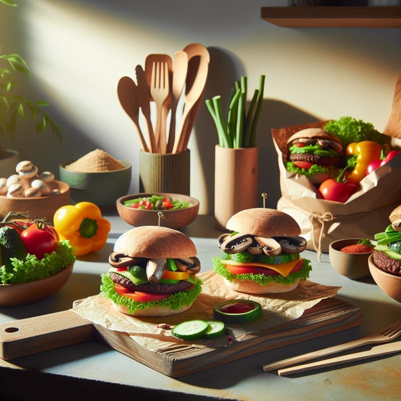 A bright kitchen counter with colorful hybrid burgers made of mushrooms and beef patties beside fresh vegetables wooden utensils and eco friendly packaging in soft morning light