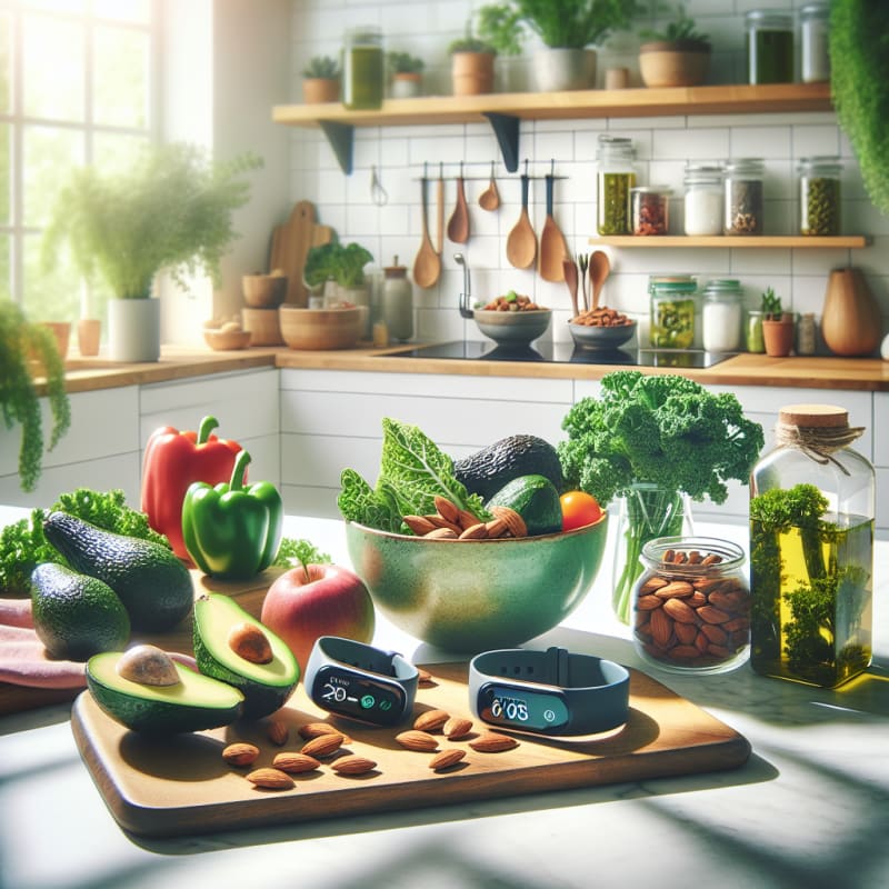 Bright modern kitchen countertop with colorful plant based keto ingredients like avocados kale almonds olive oil jars of fermented vegetables and sleek wearable health tech devices soft natural light hopeful tone