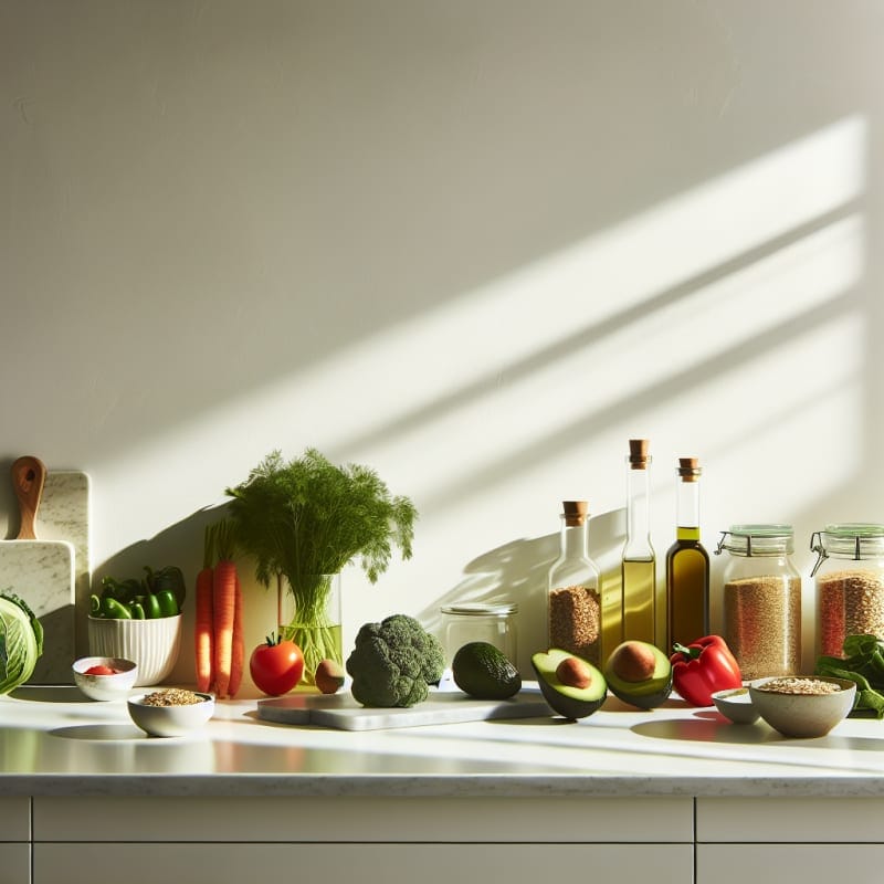 A bright modern kitchen countertop with fresh colorful produce yogurt grains and leafy greens symbolizing balanced eating and wellness replacing restrictive diets