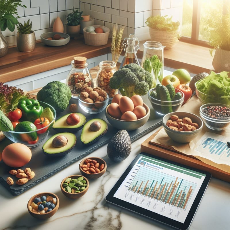 Bright kitchen countertop with colorful keto friendly foods like avocados nuts eggs and leafy greens beside analytics charts showing market growth and future trends hopeful lighting natural tones
