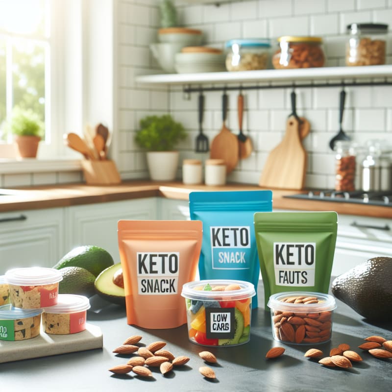 Bright modern kitchen counter with colorful keto snack packages labeled low carb and healthy fats beside ready to eat meal containers and fresh avocado and almonds under soft daylight