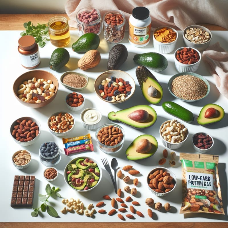 Bright flat lay of keto friendly foods including avocado nuts seeds low carb snacks protein bars and supplement bottles on a white tabletop with soft natural light