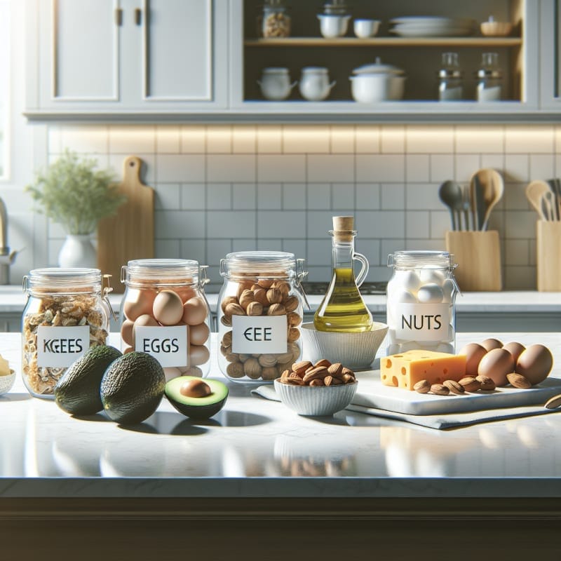 Bright modern kitchen countertop with keto friendly foods avocado eggs cheese nuts olive oil jars labeled keto balanced meal plan clean lighting minimal style hope mood no people