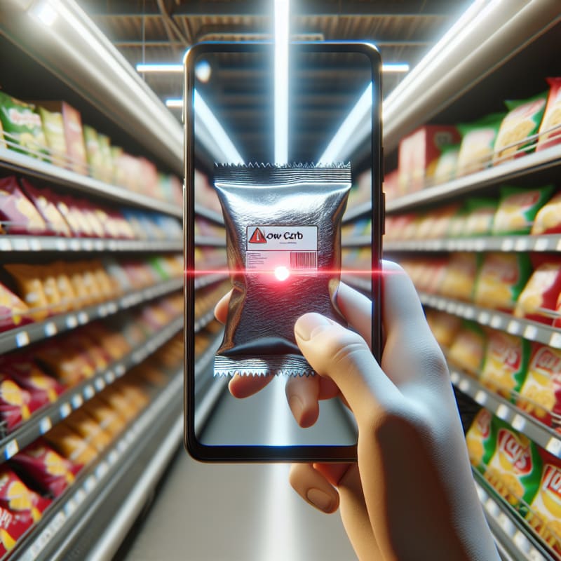 Over-the-shoulder view of a grocery store aisle. A hand holds a smartphone scanning a crinkled snack wrapper labeled “low-carb.” The phone screen glows red with a warning, reflecting off metallic shelves. Store fluorescent bokeh with realistic lighting and package imperfections. 8k, photorealistic.