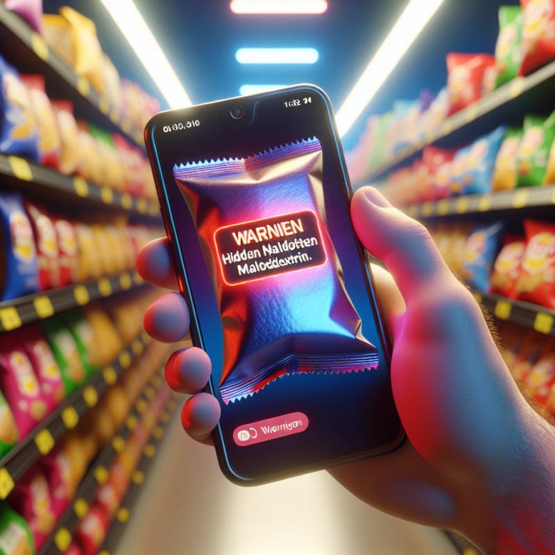 Over-the-shoulder shot of a woman’s hand scanning a crinkled snack wrapper in a USA grocery aisle. Phone screen flashes a red warning notification labeled “Hidden Maltodextrin.” Background shows colorful shelves under store fluorescent bokeh. 8k, photorealistic, cinematic lighting, realistic imperfections, condensation on packaging.