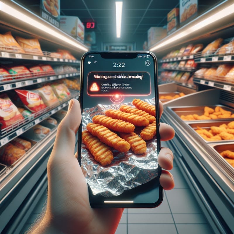 Over-the-shoulder perspective of a Canadian highway travel center convenience store food aisle. A hand is scanning a package of grilled chicken strips with a smartphone. Phone screen displays a glowing red notification warning about hidden breading. Background is stainless steel warming racks and snack shelves with store fluorescent bokeh lighting. Visible imperfections on the crinkled wrapper and light condensation on the plastic. Cinematic lighting, 8k, photorealistic.