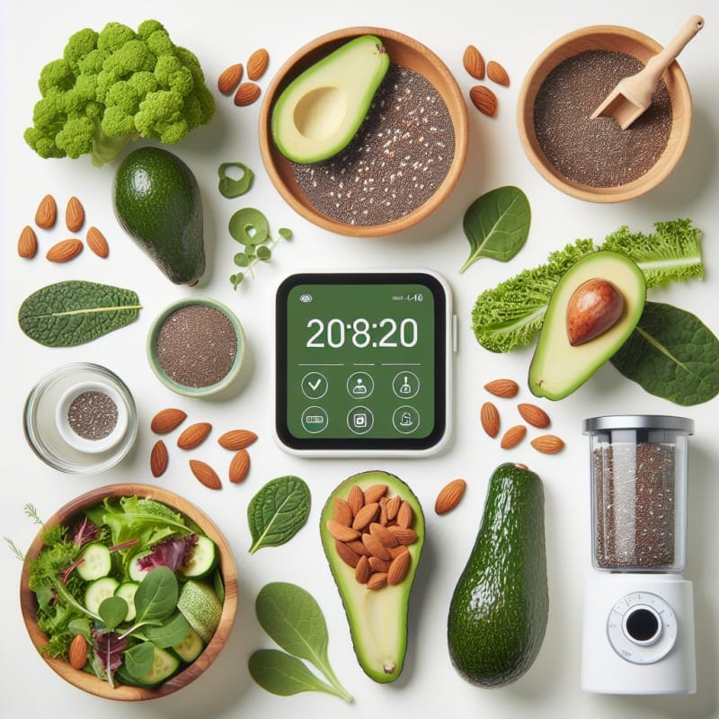 Bright flat lay of colorful keto-friendly foods including avocado almonds chia seeds leafy greens and smart kitchen gadgets on a clean white background symbolizing innovation and balance