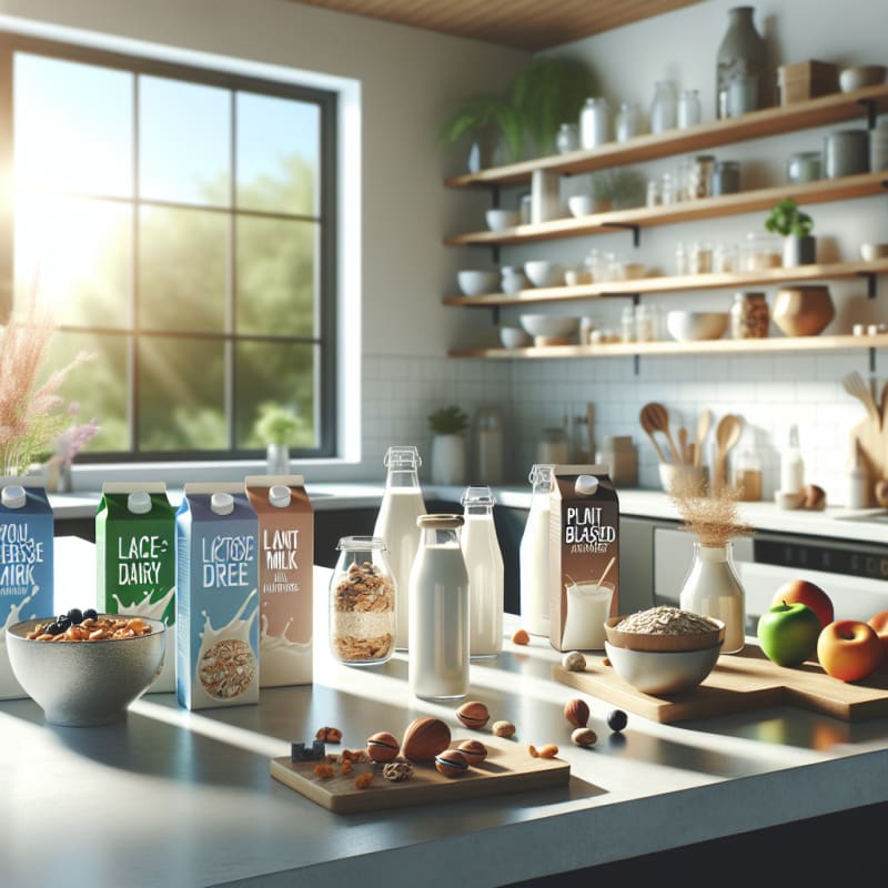 Bright modern kitchen countertop with various lactose free dairy and plant based milk cartons glass bottles and bowls of nuts oats and fruits in soft morning light representing health innovation and sustainability