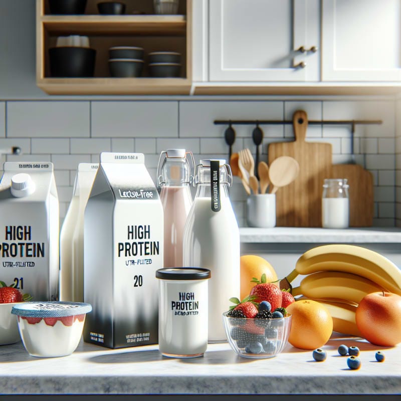 Bright kitchen counter with chilled lactose free milk bottles yogurt cups and cheese blocks labeled lactose free surrounded by fresh fruit and oats in soft morning light
