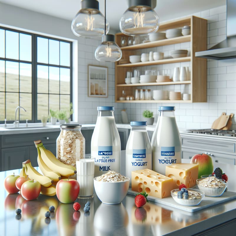 A bright modern kitchen counter with chilled bottles of lactose free milk yogurt cups and cheese wedges labeled high protein lactose free surrounded by fresh fruit and oats natural lighting clean minimal style no people