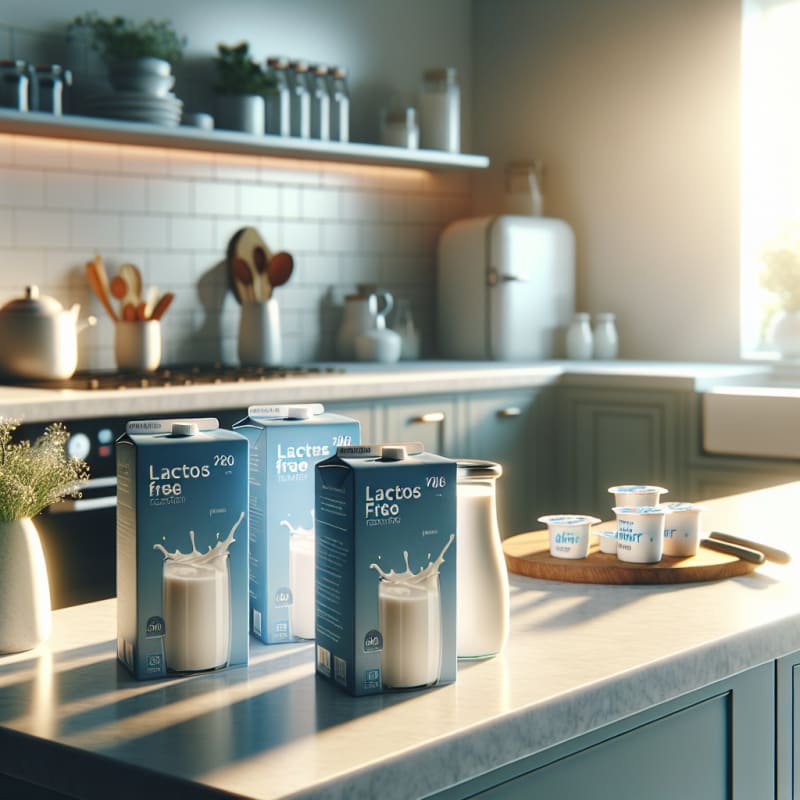 Bright modern kitchen countertop with neatly arranged lactose free milk cartons high protein yogurt containers and soft morning light highlighting clean healthy atmosphere without people