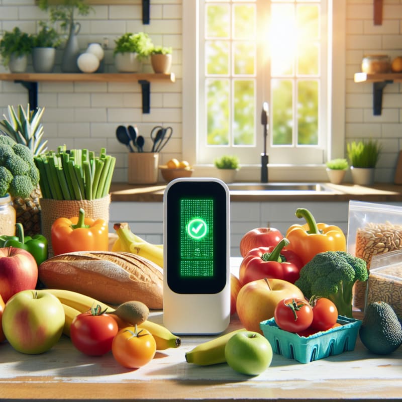 Bright kitchen countertop with colorful fresh fruits vegetables whole grains and allergy-safe packaged foods arranged beside a digital food scanner glowing with green check marks sunlit windows in background hopeful and clean atmosphere
