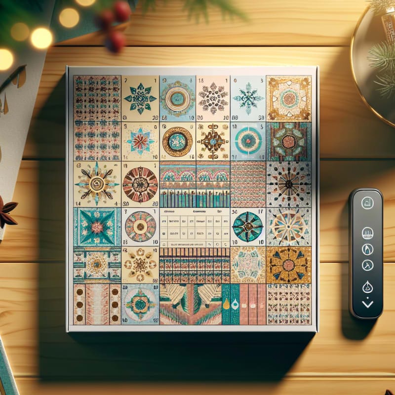 A bright overhead view of a festive chocolate advent calendar with food ingredient labels and allergy icons highlighted next to a digital food scanner on a clean wooden kitchen table with soft natural lighting and pastel packaging