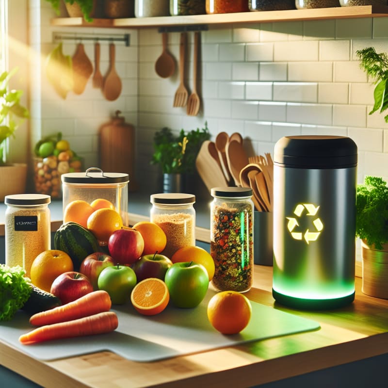 A bright kitchen counter filled with colorful fresh fruits vegetables and labeled ingredient jars next to a sleek compost bin and glowing biogas container with vibrant eco symbols and allergy friendly labels soft morning sunlight streaming in cheerful sustainable atmosphere
