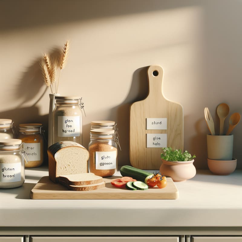 Bright minimalist kitchen scene with a wooden cutting board gluten free bread slices fresh vegetables and labeled ingredient jars warm natural lighting pastel tones calm atmosphere