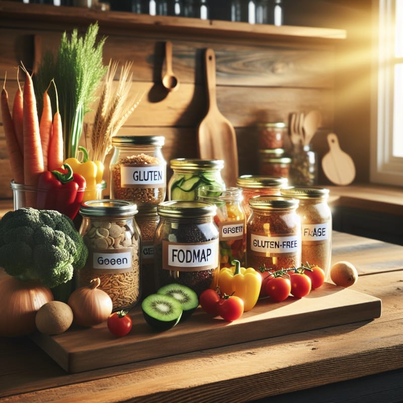 A bright kitchen countertop with gluten-free products fresh vegetables and labeled jars showing FODMAP free ingredients on a wooden background with natural light