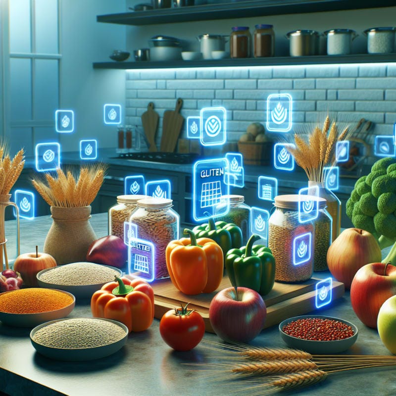 Bright modern kitchen countertop with gluten free labeled foods fresh wheat grains and colorful produce surrounded by digital scanning icons glowing softly symbolizing food safety and awareness