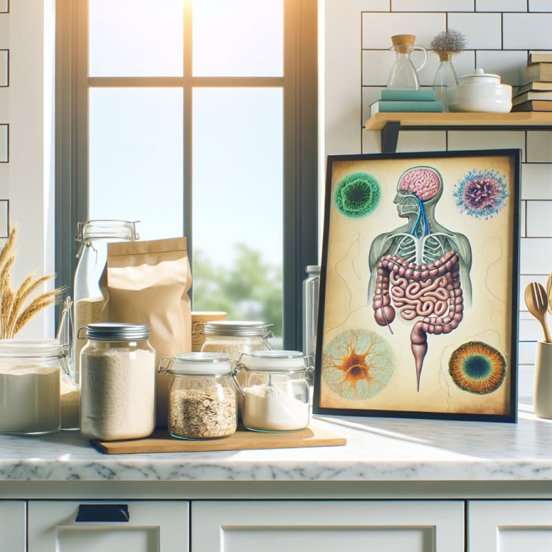 Bright modern kitchen countertop with gluten containing ingredients like bread pasta and flour on one side and gluten free alternatives like rice quinoa and vegetables on the other with soft natural light