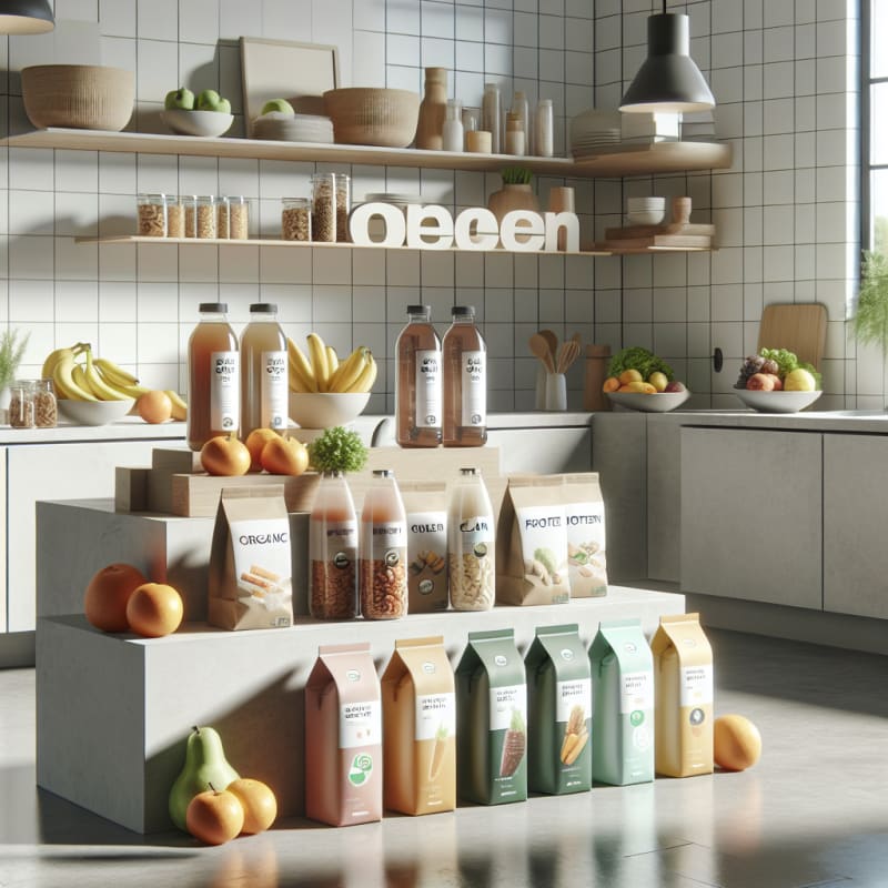 Bright minimalist grocery display with organic fruits protein snacks and functional beverage bottles labeled clean and sustainable in a modern eco kitchen setting soft daylight tones no people