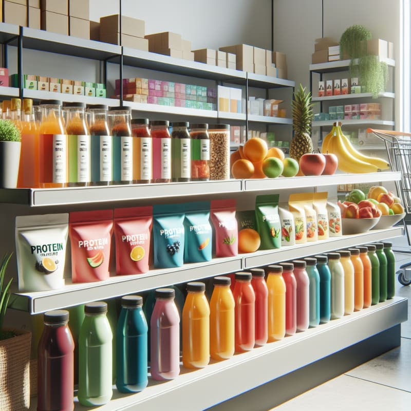 Bright modern grocery shelf filled with colorful organic protein snacks fruits and functional beverages natural light vibrant eco packaging clean minimalist background