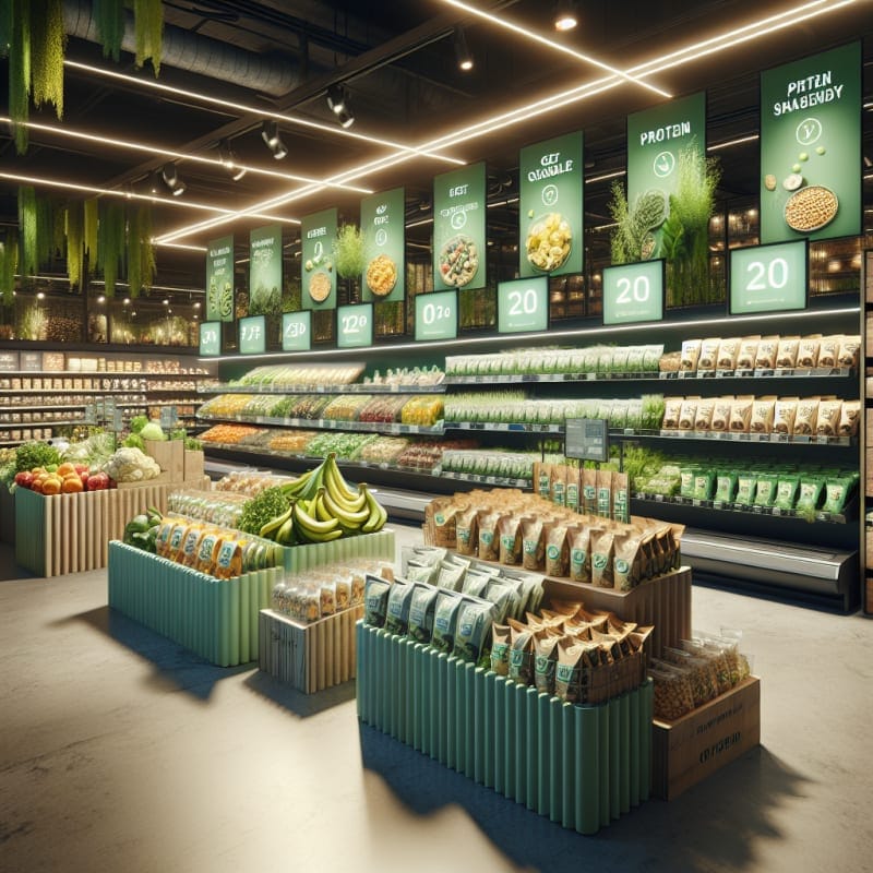 Bright modern grocery display with organic fruits vegetables and protein rich snacks labeled sustainable packaging with natural lighting and green eco friendly tones no people