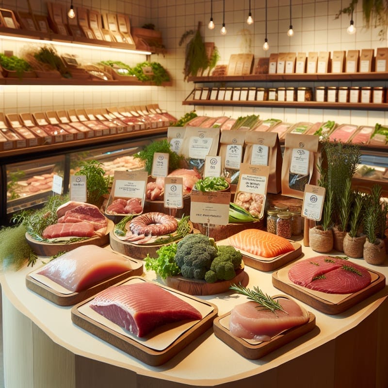 Bright clean display of organic meat poultry and seafood arranged on eco friendly wooden boards surrounded by fresh herbs reusable packaging and soft natural lighting