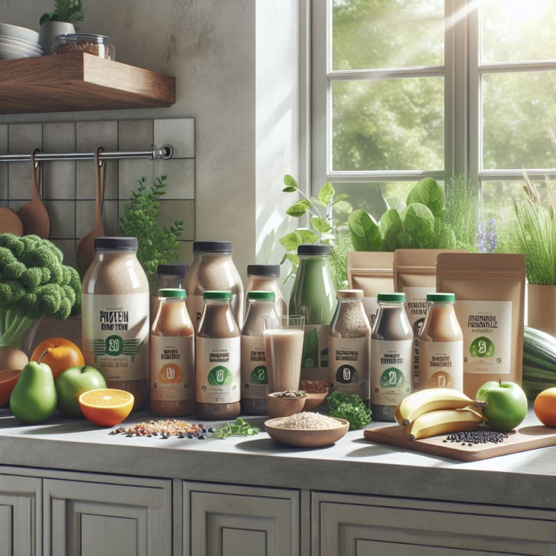 Bright modern kitchen counter with organic protein drinks and functional beverage bottles arranged beside fresh fruits grains and leafy greens natural lighting eco friendly packaging