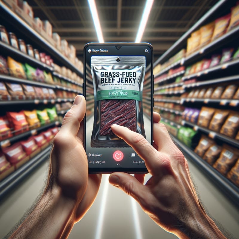 First-Person POV of a grocery store health food aisle. Hands action scanning a package of grass-fed beef jerky with hidden soybean oil. Phone screen displays glowing red notification alert. Background is shelves of paleo snacks slightly blurred with store fluorescent bokeh lighting. Cinematic lighting, 8k, photorealistic, imperfections, crinkled wrapper, subtle condensation on packaging.