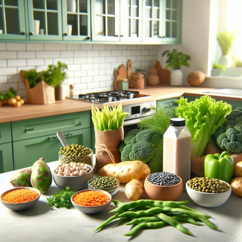 Bright modern kitchen countertop with colorful fresh sea vegetables potato milk carton lentils beans fava beans and sustainable vegan snacks arranged neatly natural light vibrant greens