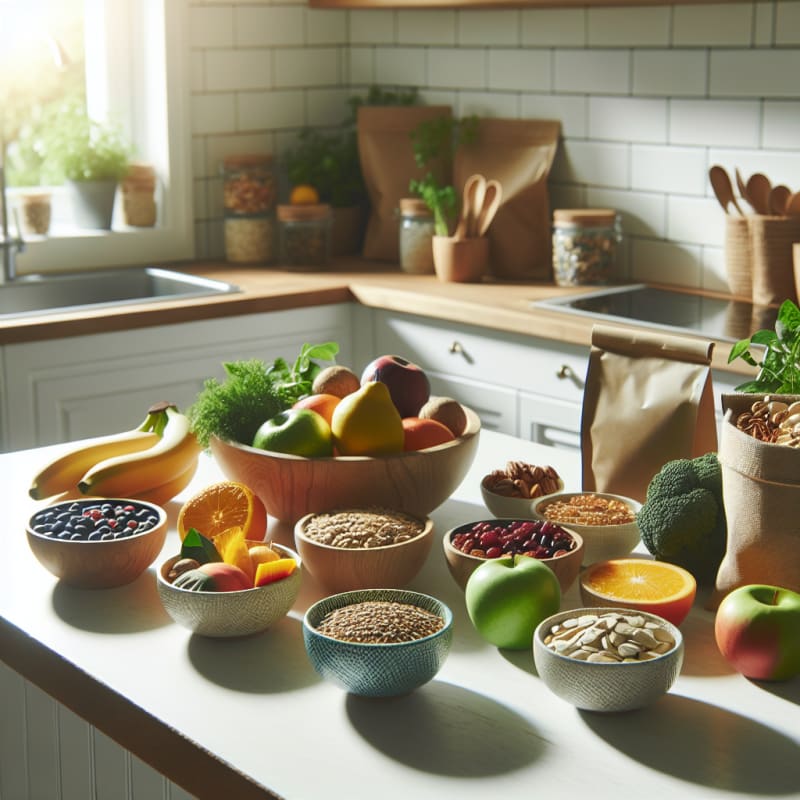 Bright kitchen counter with colorful bowls of whole plant ingredients fruits grains nuts and legumes arranged neatly with eco friendly packaging and natural lighting no people