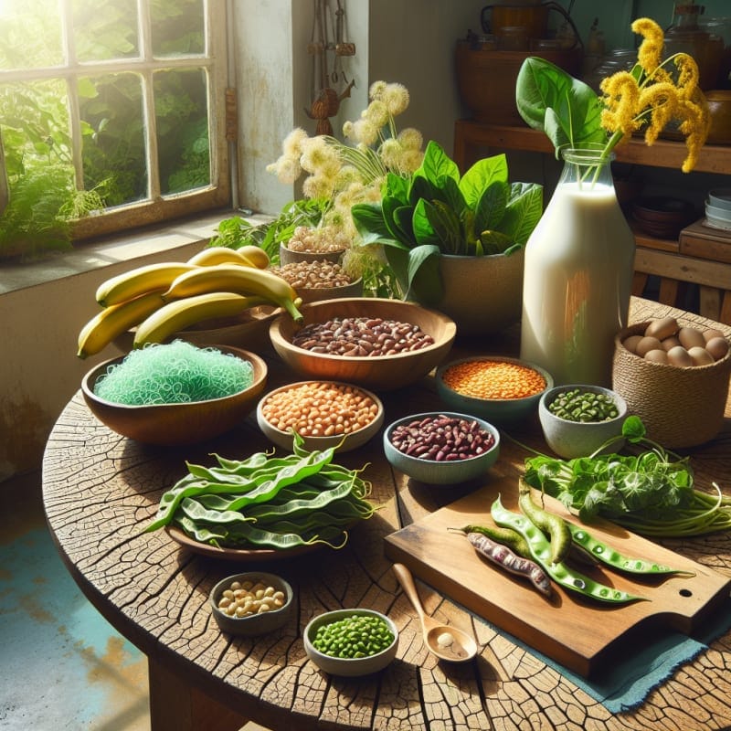 Bright natural kitchen setting with colorful plant-based ingredients like sea vegetables lentils fava beans potato milk banana blossoms and fresh greens arranged on a wooden table with sunlight