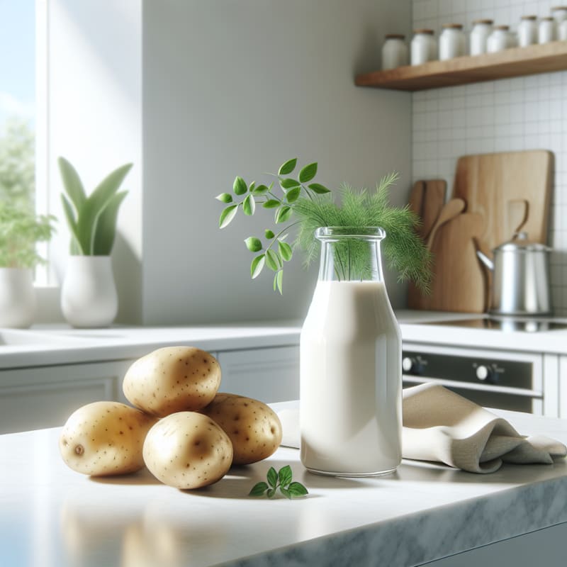 Bright modern kitchen countertop with glass bottle of creamy potato milk surrounded by fresh potatoes and green herbs natural light soft shadows minimalist eco vibe
