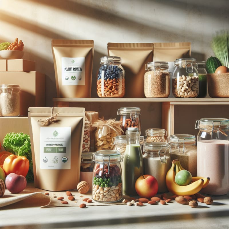 A bright modern organic grocery display with bags of plant protein powder glass jars of organic nuts grains and colorful smoothie ingredients soft sunlight minimal background
