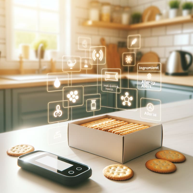 Bright kitchen counter with an open box of crackers surrounded by ingredient labels allergy alert icons and a digital food scanner device soft natural lighting optimistic color palette