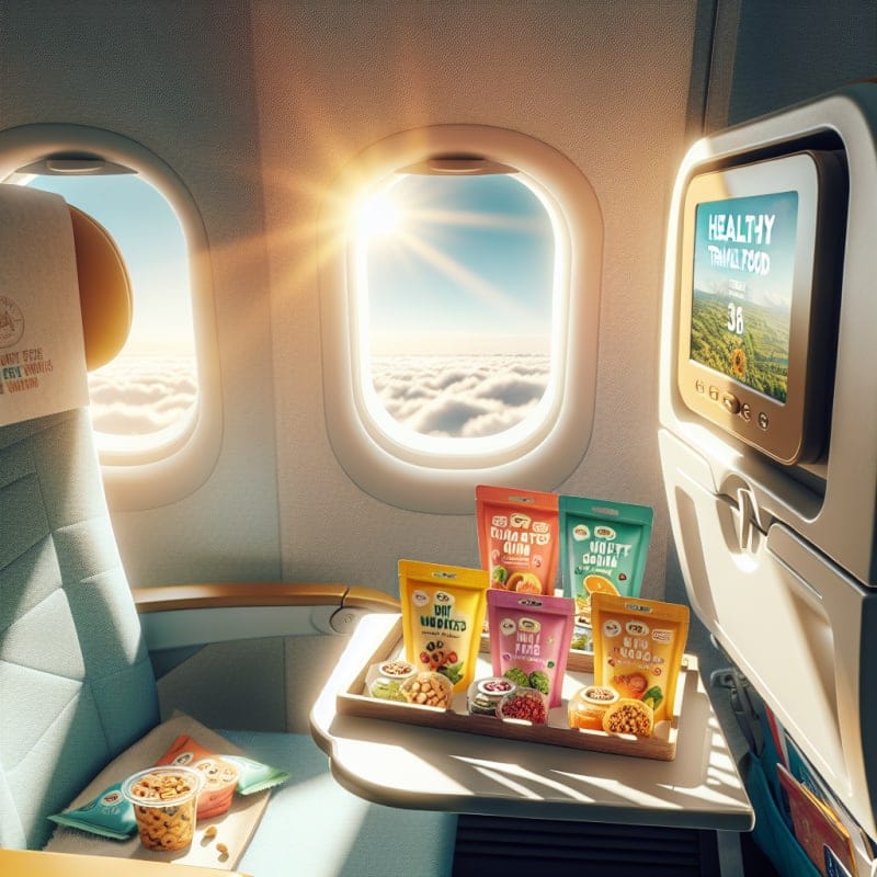Bright airplane cabin interior with colorful nut-free snack packages arranged on a tray table soft sunlight streaming through a window healthy travel food