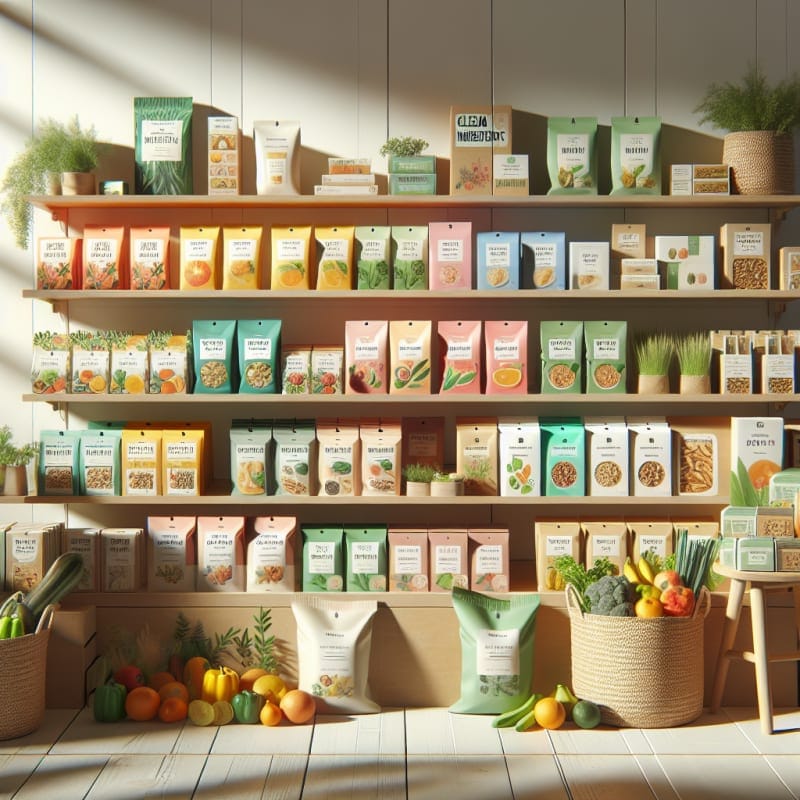A bright minimalist grocery shelf filled with colorful natural food packaging labeled clean ingredients fresh produce and plantbased snacks under soft daylight no people