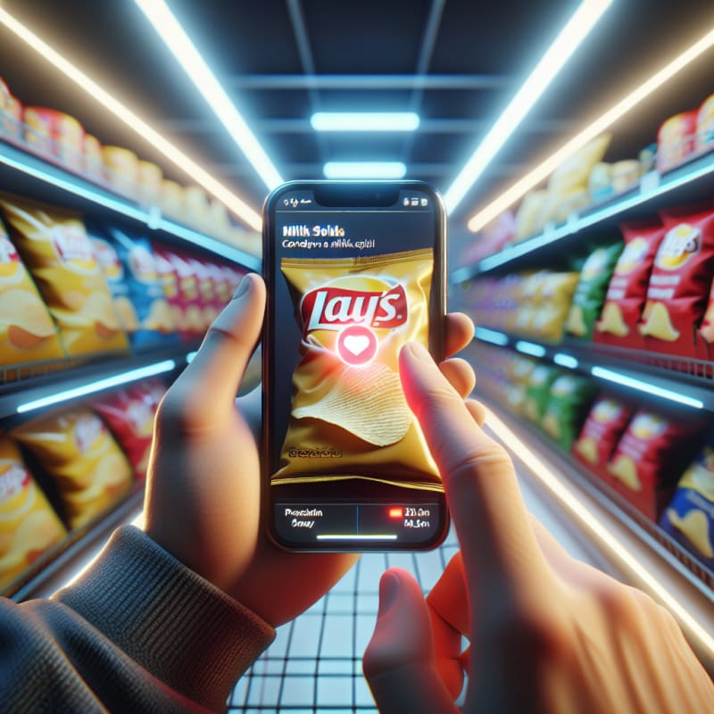 First-Person POV of a grocery shopping aisle. One hand holding a smartphone while scanning a package of potato chips with a crinkled wrapper containing milk solids. Phone screen displays glowing red notification. Background is a French supermarket snack aisle with store fluorescent bokeh lighting, imperfections on packaging, slight condensation. 8k, photorealistic.